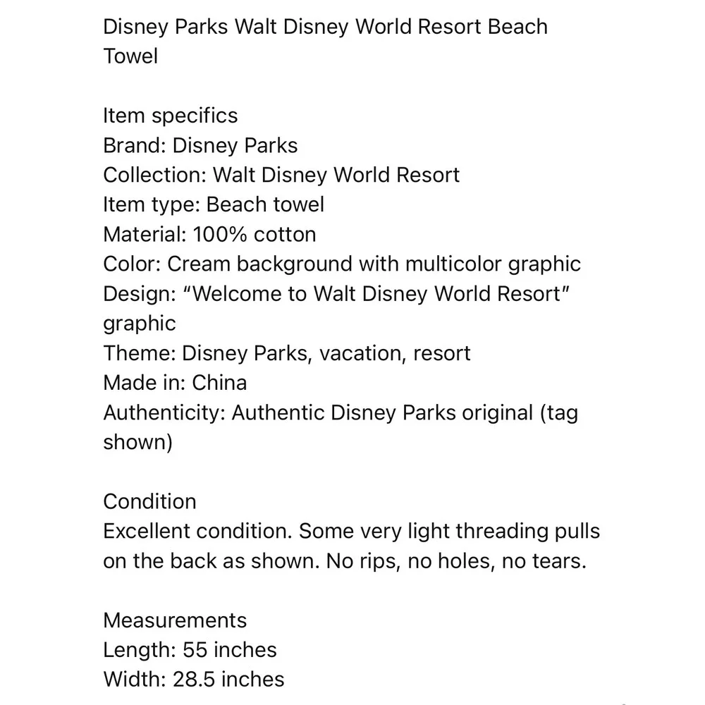 Disney Parks Walt Disney World Resort Beach Towel Cream Graphic 100% Cotton